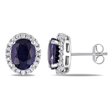Sofia B. 3/8 cttw Diamond and Oval Diffused Sapphire Halo Earrings